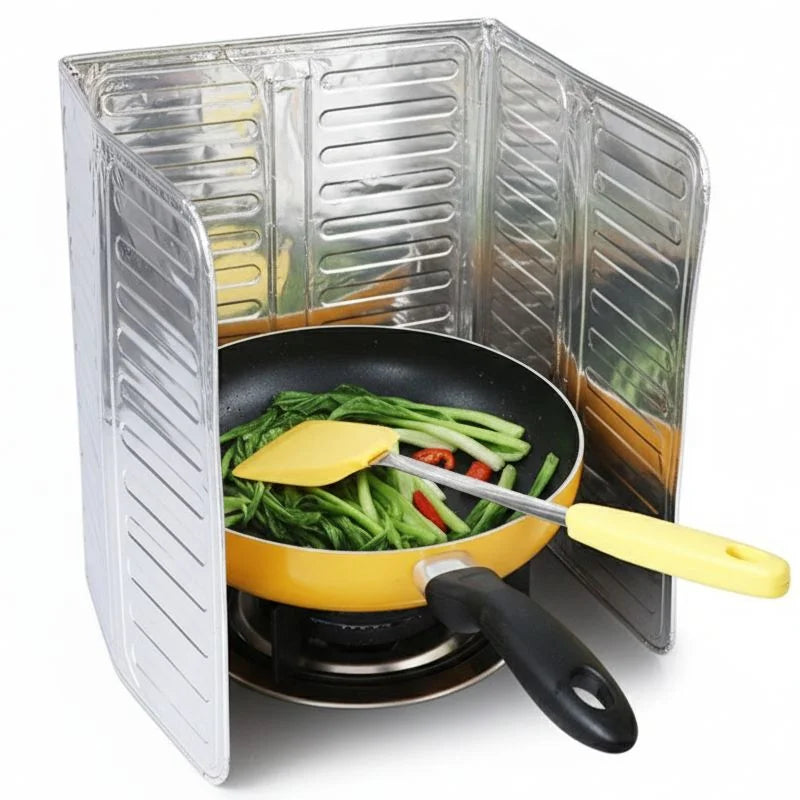 3-Sided Oil Proof Aluminum Foil Splatter Guard | Foldable Heat Insulation for Kitchen Stove | Silver