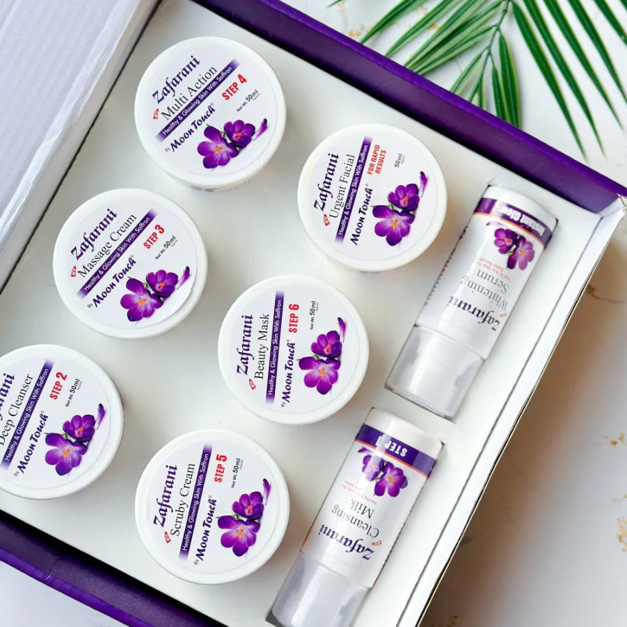 Moon Touch New Zafrani Facial Kit | Saffron Brightening Herbal Facial Set for Glowing Skin (8 Pcs)